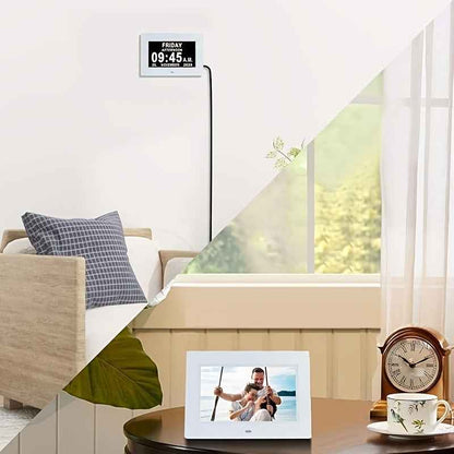 Large Digital Clock Designed for Seniors with Dementia, Featuring a Calendar Display, Alarms, And Functions As a Wall Clock Showing Day And Date. It Also Serves As an Alarm Clock, Desk Clock, Electronic Photo Frame, And Suppo