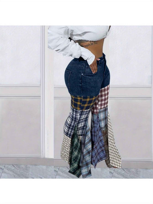Denim Trousers for Women with a Houndstooth Pattern, Featuring Flared Legs And Ruffles.