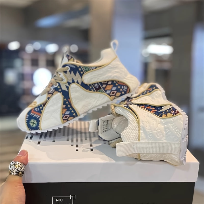 Men's Colorful Geometric Print Chunky Sneakers - Stylish Athletic & Casual Shoes with Thick PVC Sole, Breathable Fabric Lining, and Durable PU Upper for All-Day Comfort SS69