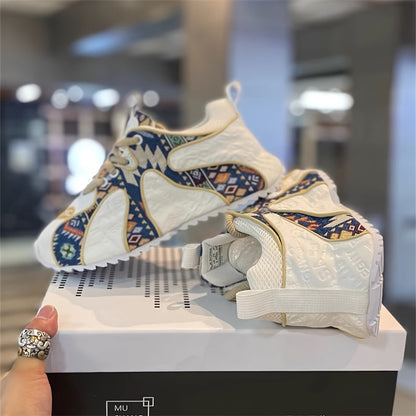 Men's Colorful Geometric Print Chunky Sneakers - Stylish Athletic & Casual Shoes with Thick PVC Sole, Breathable Fabric Lining, and Durable PU Upper for All-Day Comfort SS69