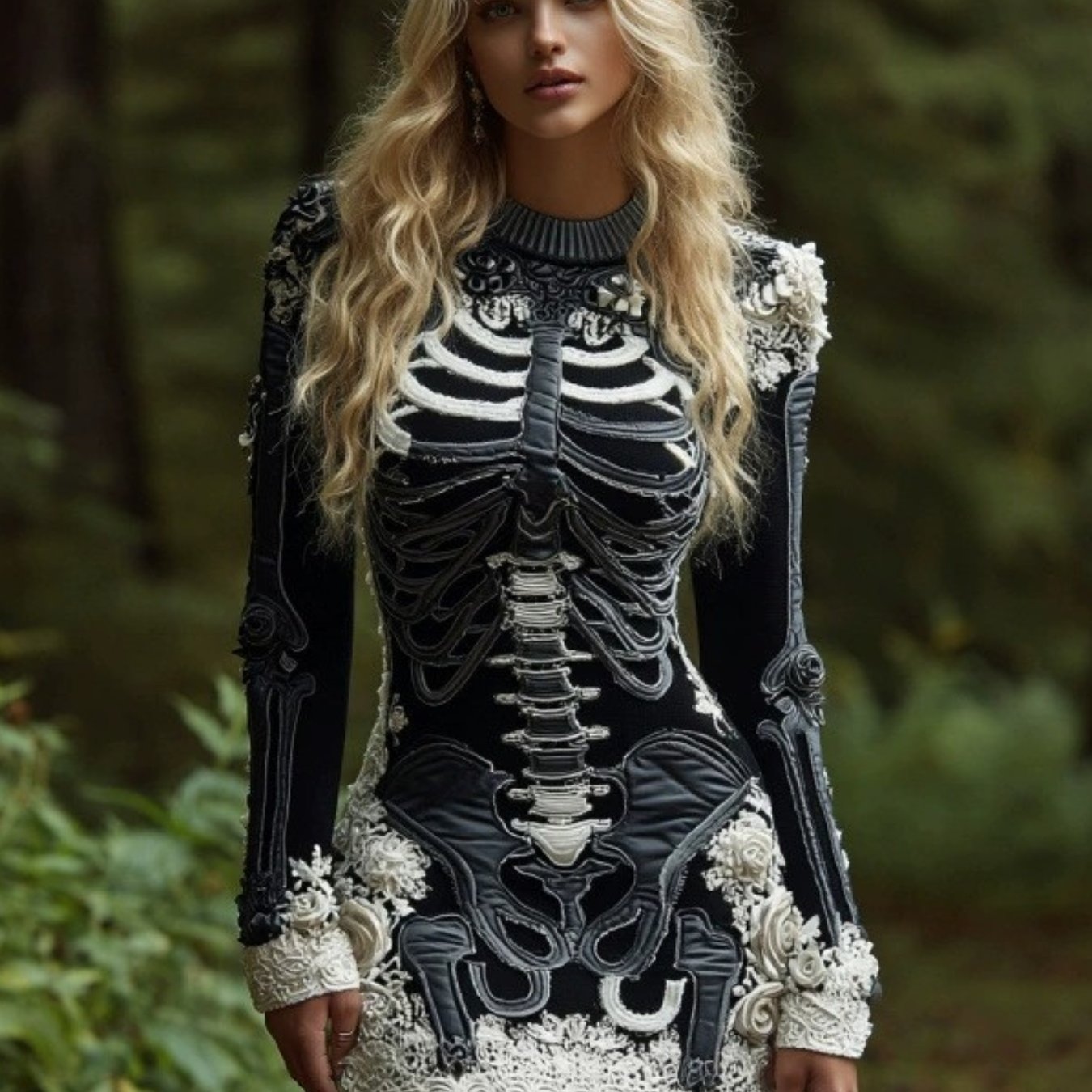 Women's Gothic 3D Skull & Bone Sweater - Off-Shoulder Winter Warm Crewneck Pullover with Lace-like Sleeve Patterns, Retro Vampire Costume Top for Halloween & Themed Parties (Hand Washable) SS69 24.69 Multicolor / XXL