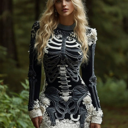 Women's Gothic 3D Skull & Bone Sweater - Off-Shoulder Winter Warm Crewneck Pullover with Lace-like Sleeve Patterns, Retro Vampire Costume Top for Halloween & Themed Parties (Hand Washable) SS69 24.69 Multicolor / XXL