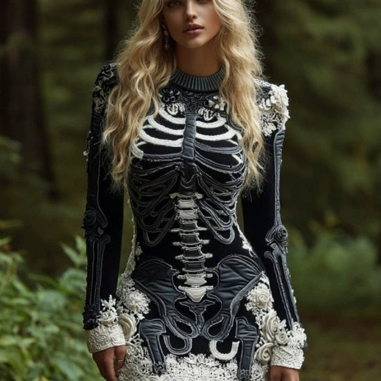 Women's Gothic 3D Skull & Bone Sweater - Off-Shoulder Winter Warm Crewneck Pullover with Lace-like Sleeve Patterns, Retro Vampire Costume Top for Halloween & Themed Parties (Hand Washable) SS69 24.69 Multicolor / XXL