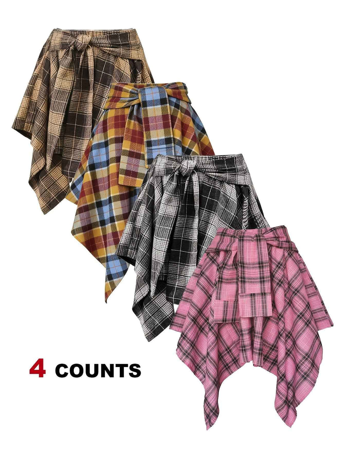 Plus Size - Plus Size - 4-Pack Plus Size Pleated Plaid Skirt | Women High Waist A-Line Elastic Waist Midi Skirt Casual Vintage Checkered Skirt With Slight Stretch Fabric