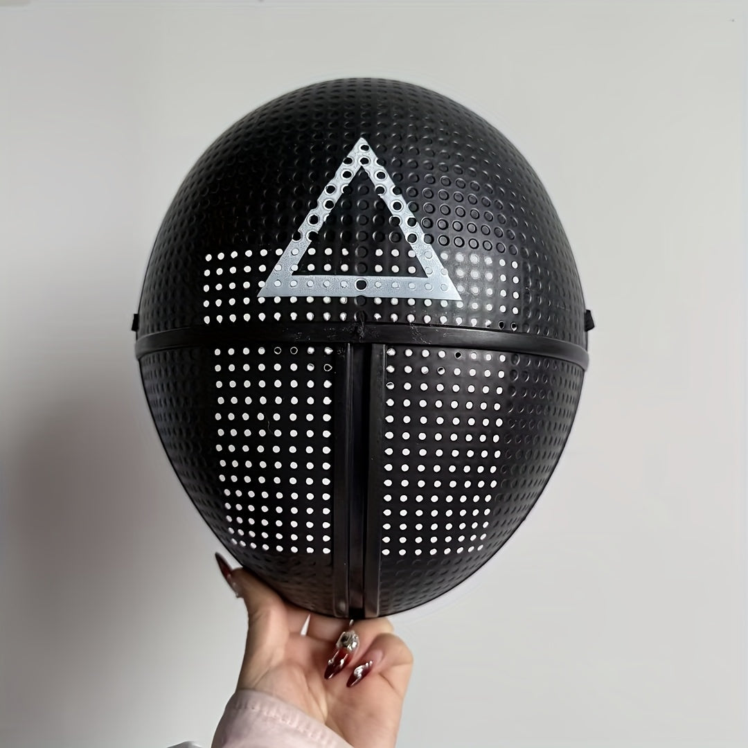 [Playful] Adjustable Black Full-Face Costume Mask for Adults - Funky Soldier Design with White Triangle & Circle Patterns, Breathable Plastic, Ideal for Halloween & Cosplay Parties, Roleplaying Prop | Playful Design | Secure SS69