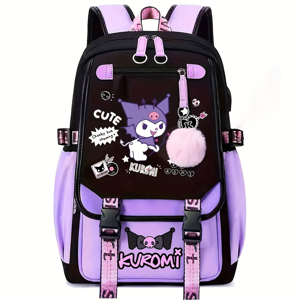 Sanrio for kuromi Backpack - Cute Cartoon Laptop Bag with Pink Bows, Large Capacity Travel Backpack for Women, Durable Polyester Lining, Multiple Compartments, Black/White, Backpack for Travel, Casual Daypack, Playful Design,