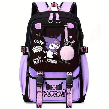 Sanrio for kuromi Backpack - Cute Cartoon Laptop Bag with Pink Bows, Large Capacity Travel Backpack for Women, Durable Polyester Lining, Multiple Compartments, Black/White, Backpack for Travel, Casual Daypack, Playful Design,