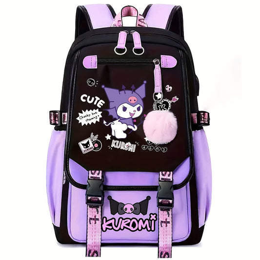 Sanrio for kuromi Backpack - Cute Cartoon Laptop Bag with Pink Bows, Large Capacity Travel Backpack for Women, Durable Polyester Lining, Multiple Compartments, Black/White, Backpack for Travel, Casual Daypack, Playful Design,