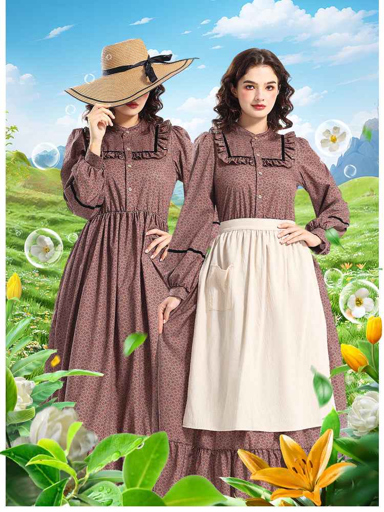 Women's Victorian-Inspired Victorian Maid Dress - Brown & A-Line Full-Length Skirt Set with Ruffled Collar & Waist Belt, Loose-Fit Long Sleeve Costume for Renaissance Fairs, Historical Role-Play & Themed Parties (No Lining)