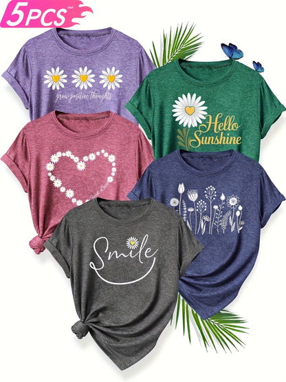 5pcs Women'S Casual Crew Neck Short Sleeve T-Shirts - Floral, Heart, and Smile Print Designs in Purple, Green, Pink, and Blue - Soft Stretch Fabric for Spring, Summer, and Fall, Plus Sizes Available, Plus Size Tee | Floral Pr SS69
