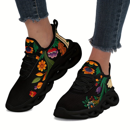 Women's Flower Detail Lace-up Blade Type Running Shoes, Lightweight Low Top Fashion Casual Sneakers, Women's Footwear - SS69