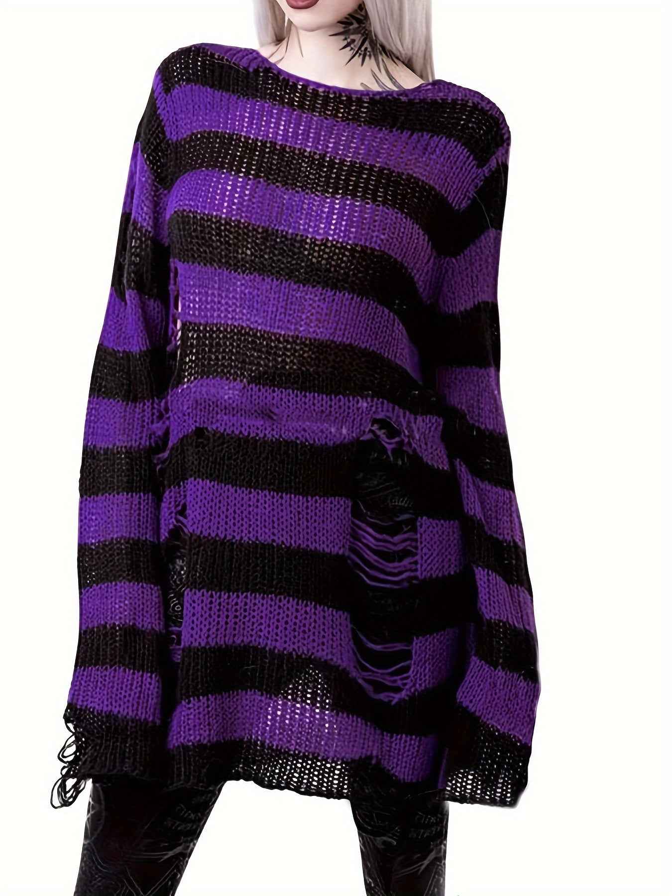 [Gothic Knitted Top] Gothic Long Loose-Fitting Knitted Top - Round Neck, Unique Torn Design with Contrasting Stripes