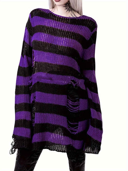 [Gothic Knitted Top] Gothic Long Loose-Fitting Knitted Top - Round Neck, Unique Torn Design with Contrasting Stripes