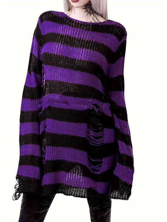 [Gothic Knitted Top] Gothic Long Loose-Fitting Knitted Top - Round Neck, Unique Torn Design with Contrasting Stripes