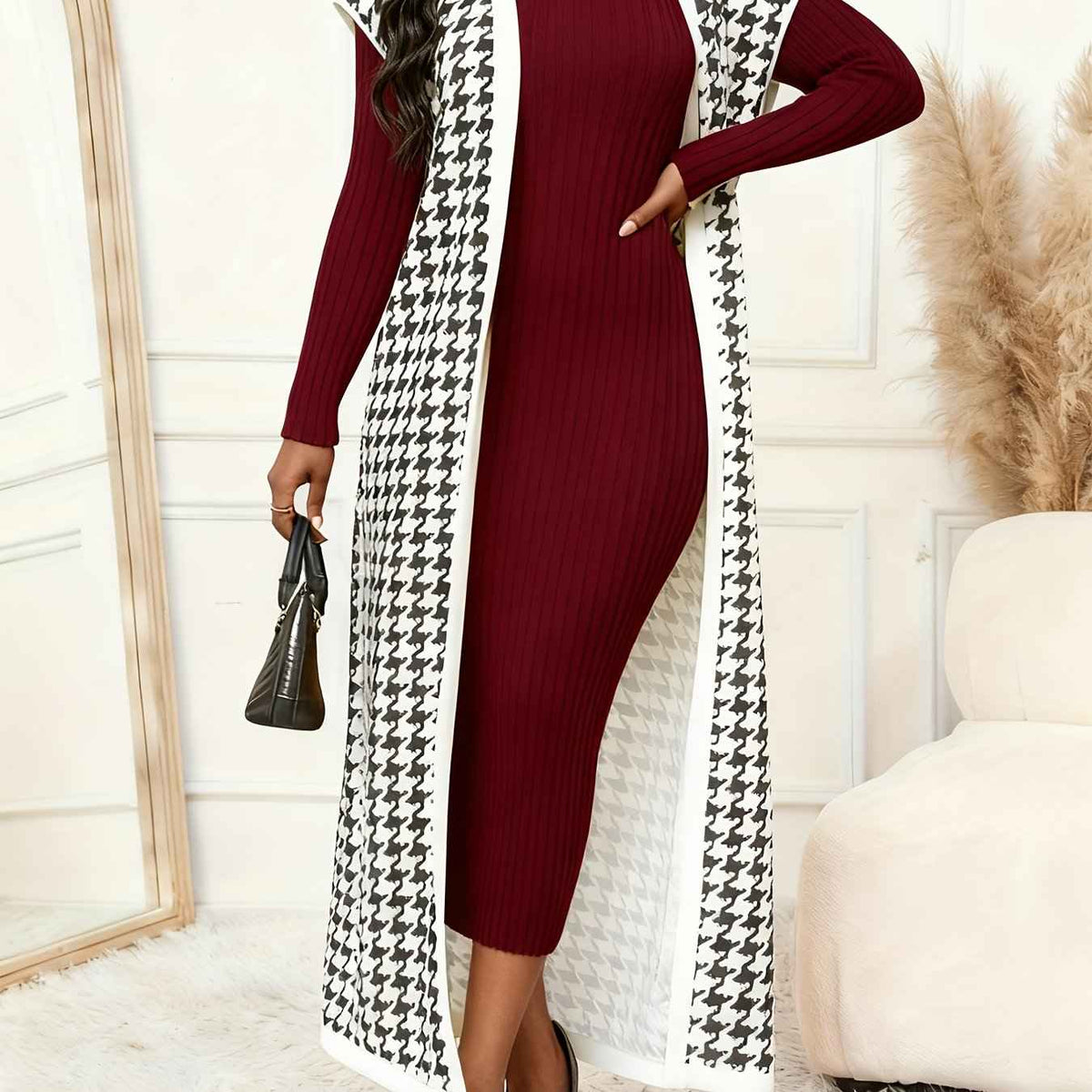 Women's Elegant Houndstooth Print Cardigan Vest - Oversized Collar Long Sleeveless Jacket, Black/White/Yellow/Beige, Fall Winter Warm Coat, Machine Washable Blazer for Casual & Formal Wear