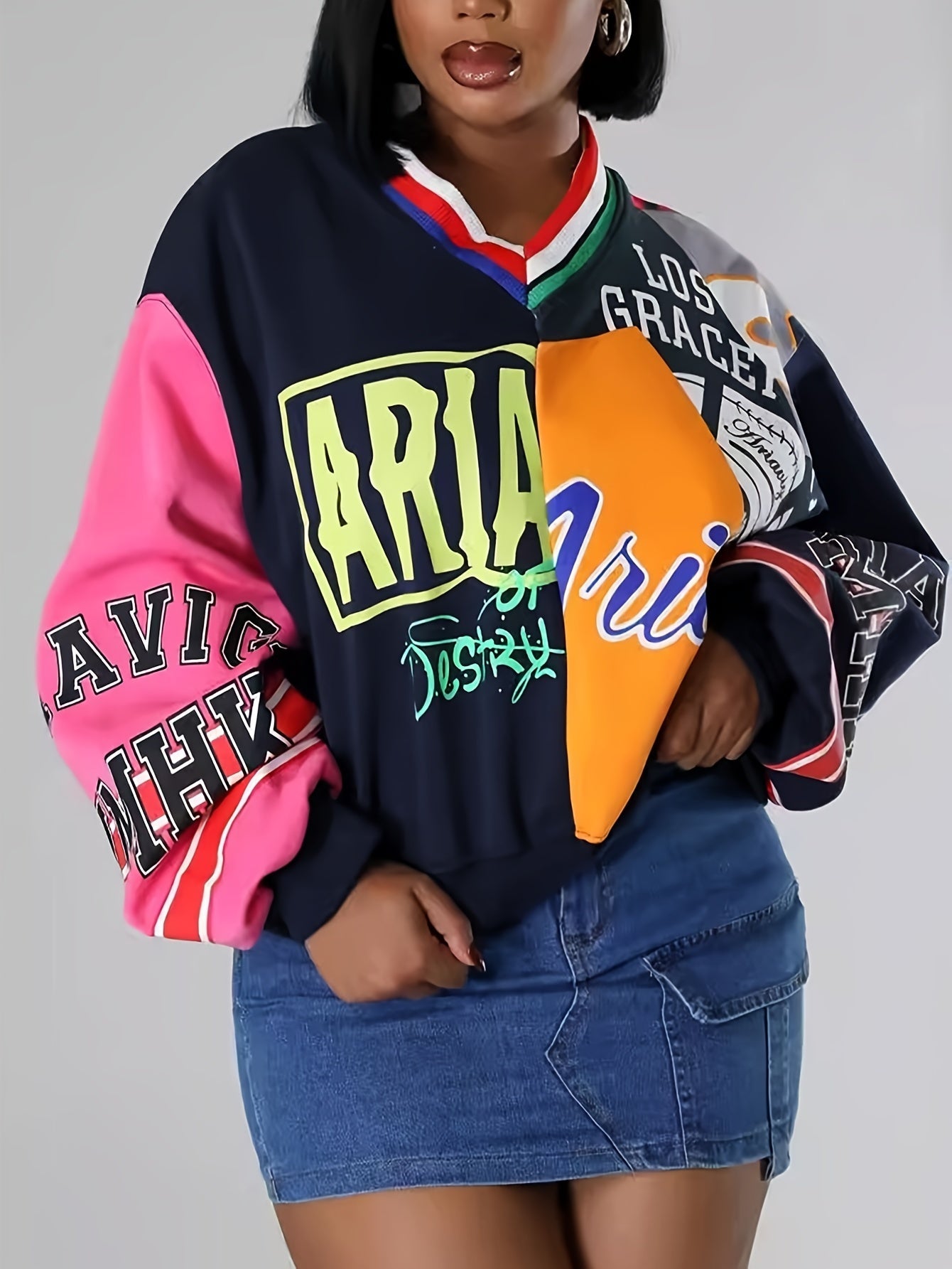 Fashion Patchwork Color Contrast Letter Print Loose Casual V-neck Hoodie SS69