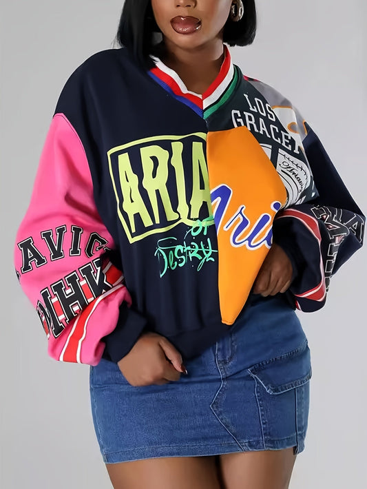 Fashion Patchwork Color Contrast Letter Print Loose Casual V-neck Hoodie SS69