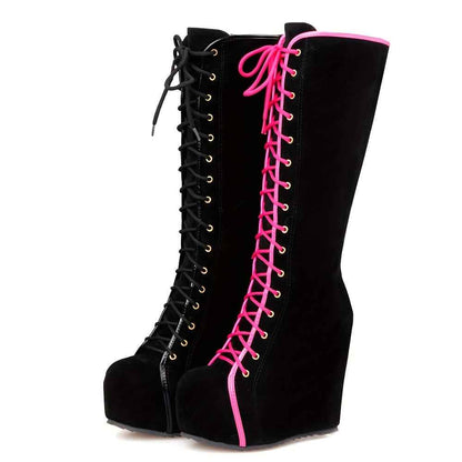 EROCALLI Women'S Gothic Y2K Platform Wedge Heel Knee-High Boots - Chunky Heel Lace-Up with Side Zipper, Faux Cover & Rubber Sole for Casual Party & Daily Wear, High Heel Boots, Party Footwear, Bold Fashion Statement, Durable