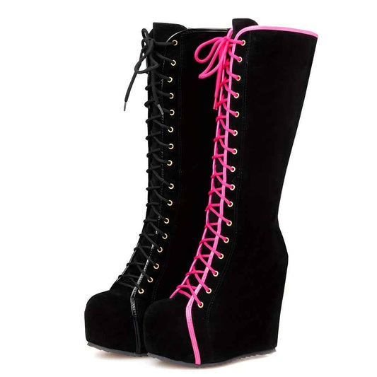 EROCALLI Women'S Gothic Y2K Platform Wedge Heel Knee-High Boots - Chunky Heel Lace-Up with Side Zipper, Faux Cover & Rubber Sole for Casual Party & Daily Wear, High Heel Boots, Party Footwear, Bold Fashion Statement, Durable