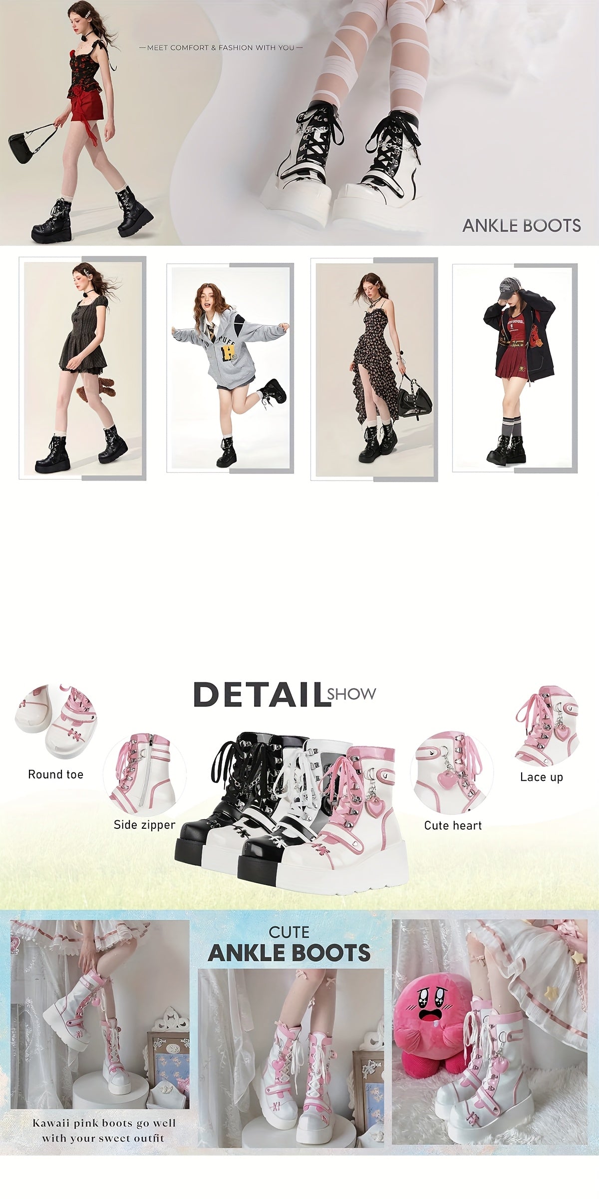 [Goth Rave High Heel Boots] Goth Rave High Heel Round Toe Zipper Wedges Mid Calf Booties - Platform Ankle Boots For Women - Kawaii Shoes SS69