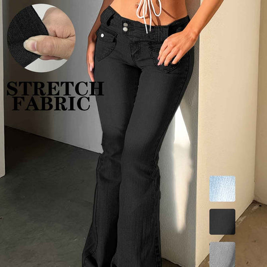 Women's Vintage Y2K Low-Rise Slim-Fit Flared Bell-Bottom Jeans Pants - Full-Length -Sweeping Trousers with Internal Zipper Closure, Machine Washable Retro for Casual Streetwear (Spring Summer Fall)