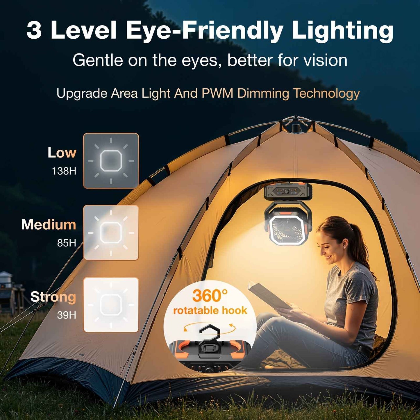 New Style 20000mAh Rechargeable Camping Fan, Portable Battery Powered Fan with LED Lights, Remote & Oscillating - 4 Speed for Tent, Travel, Bedroom, Car, Outdoor Camping Essentials, Convenient And Durable