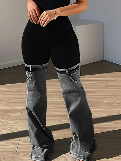Trendy Two Tone High Elastic Waist Jeans - Women Patchwork Streetwear Style With Garter Belt Detail SS69