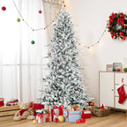 COSTWAY 6/7.5 FT Pre-Lit Artificial Christmas Tree, Snow-Flocked Hinged Xmas Tree w/ 715/1107 Branch Tips, Natural Pinecones, 210/350 Warm-White Incandescent Lights, Metal Stand, Xmas Holiday Office Home Decor SS69