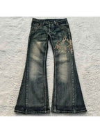 Women's Vintage Y2K Jeans - Mid-Rise Flared Pants, Washed Black Retro Leggings for 2000s Fashion Outfits, Casual & Formal Events - All-Season Jeans, Embroidered Details, Durable Fabric, Stylish Bottoms, Women, Trendy Outfit,