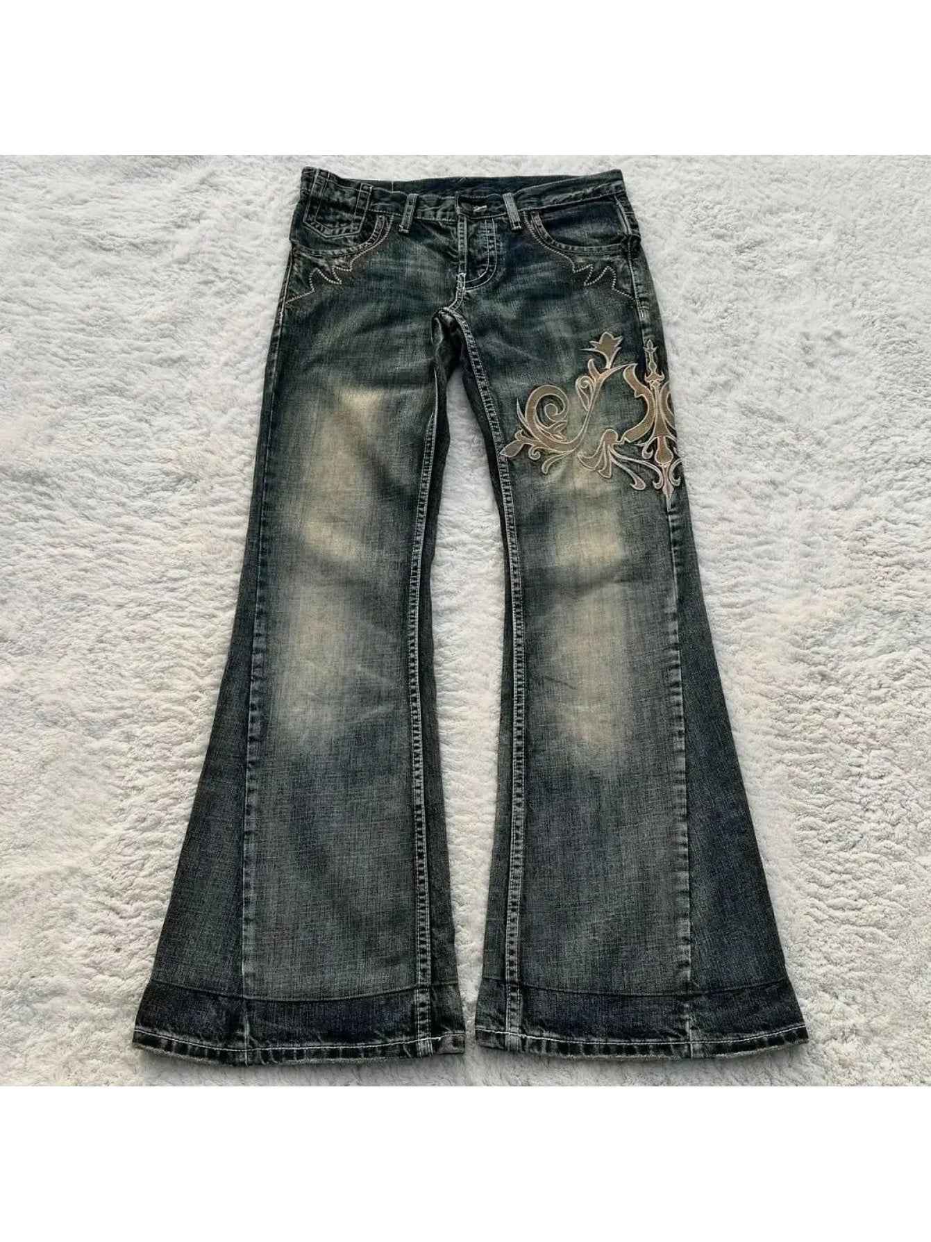 Women's Vintage Y2K Jeans - Mid-Rise Flared Pants, Washed Black Retro Leggings for 2000s Fashion Outfits, Casual & Formal Events - All-Season Jeans, Embroidered Details, Durable Fabric, Stylish Bottoms, Women, Trendy Outfit,