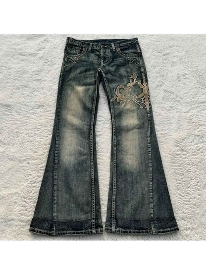 Women's Vintage Y2K Jeans - Mid-Rise Flared Pants, Washed Black Retro Leggings for 2000s Fashion Outfits, Casual & Formal Events - All-Season Jeans, Embroidered Details, Durable Fabric, Stylish Bottoms, Women, Trendy Outfit,