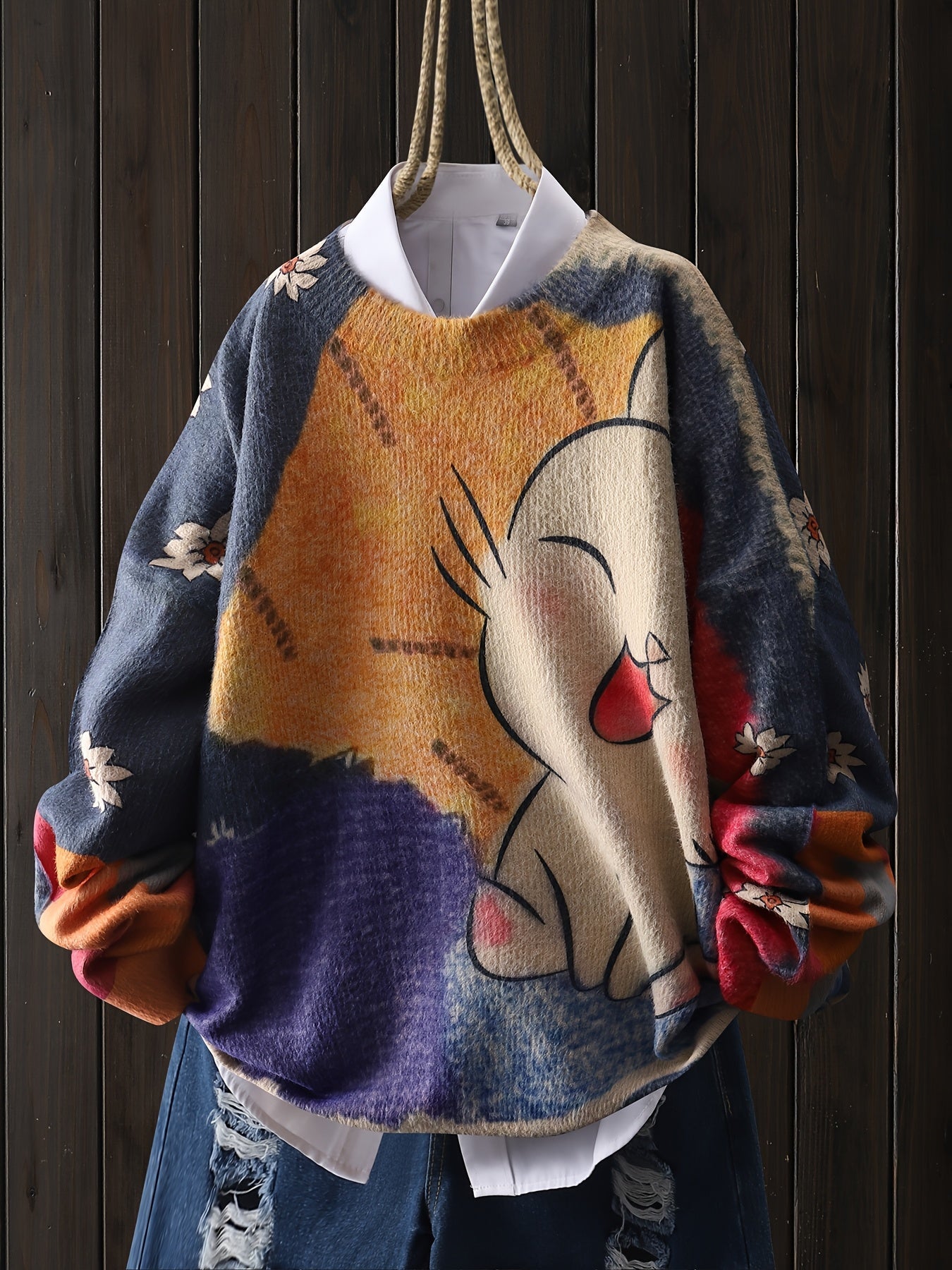 Valentine's Day Women's Mink Sweater - Cat Cartoon, White Flower Pattern, Casual Round Neck Long Sleeve Top SS69