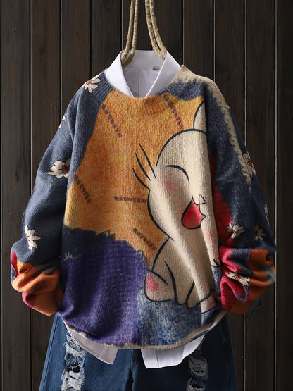 Valentine's Day Women's Mink Sweater - Cat Cartoon, White Flower Pattern, Casual Round Neck Long Sleeve Top SS69