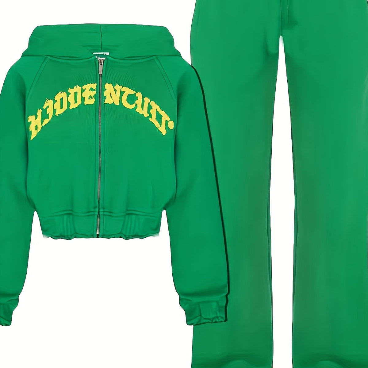 Chic Women's Athletic Set: Full-Zip Hoodie & Slim-Fit Pants - Comfortable, Adjustable, and Stylish with Letter Print Design - SS69