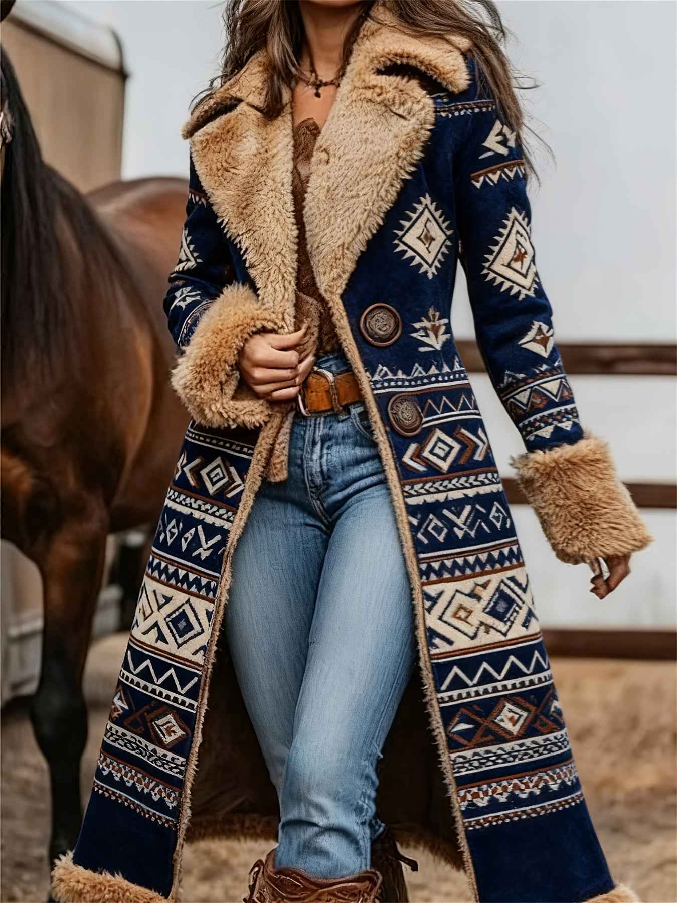 Women's Western Retro Style Winter Warm Coat - Western Print Jacket with Collar, Machine Washable Outerwear for Fall & Winter, Non-Stretch Blazer for Casual or Dressy Outfits