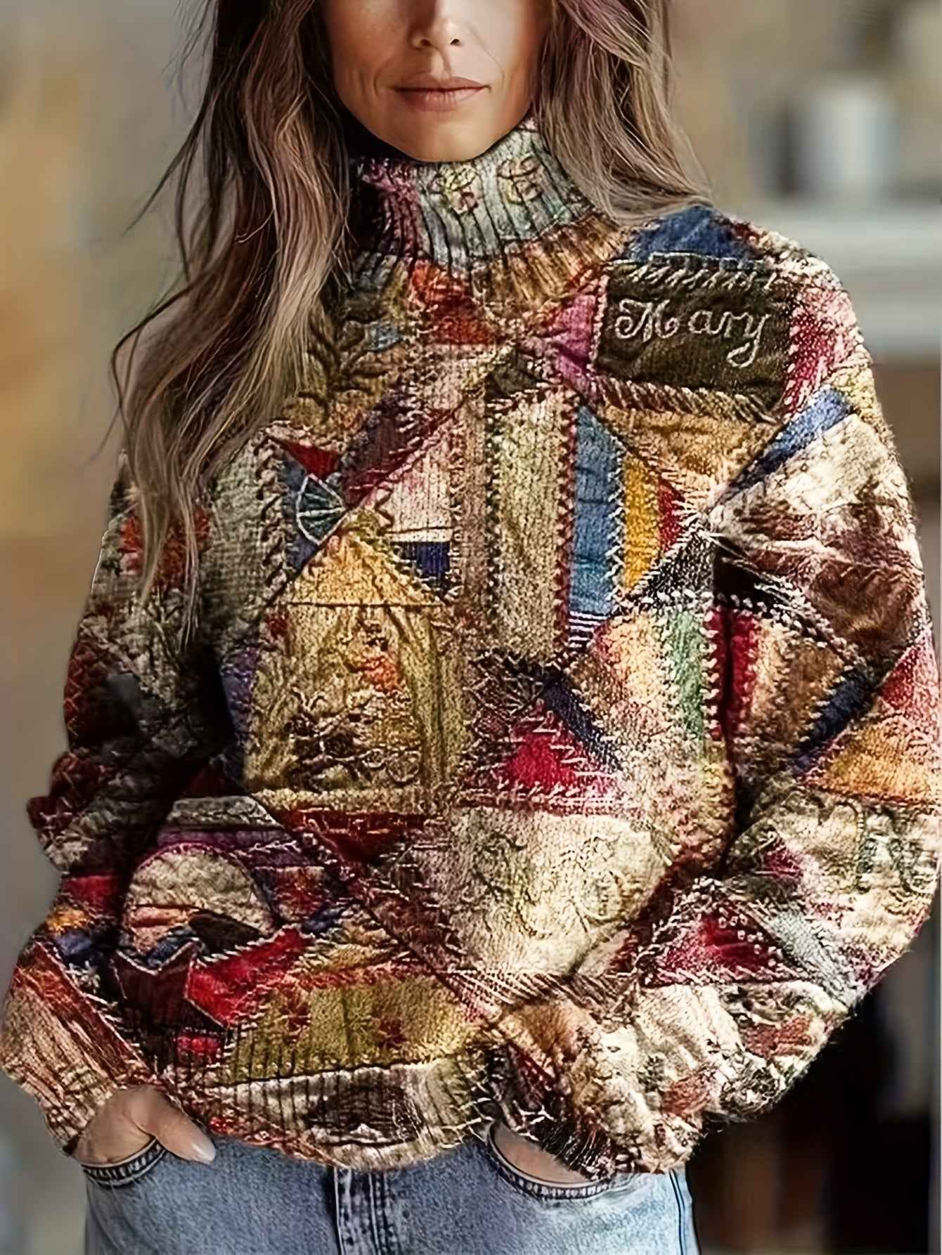 Plus Size, 2D Flat Pattern Women's Pullover 3D Printed Pattern Sweater Long Four Seasons Mixed Vintage
