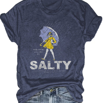 Salty with Umbrella Graphic Tee - Vintage Style Summer Beachwear for Trendy Women, Perfect for Vacation and Everyday Wear, ed T-shirt SS69 13.69 Navy Blue / XXL