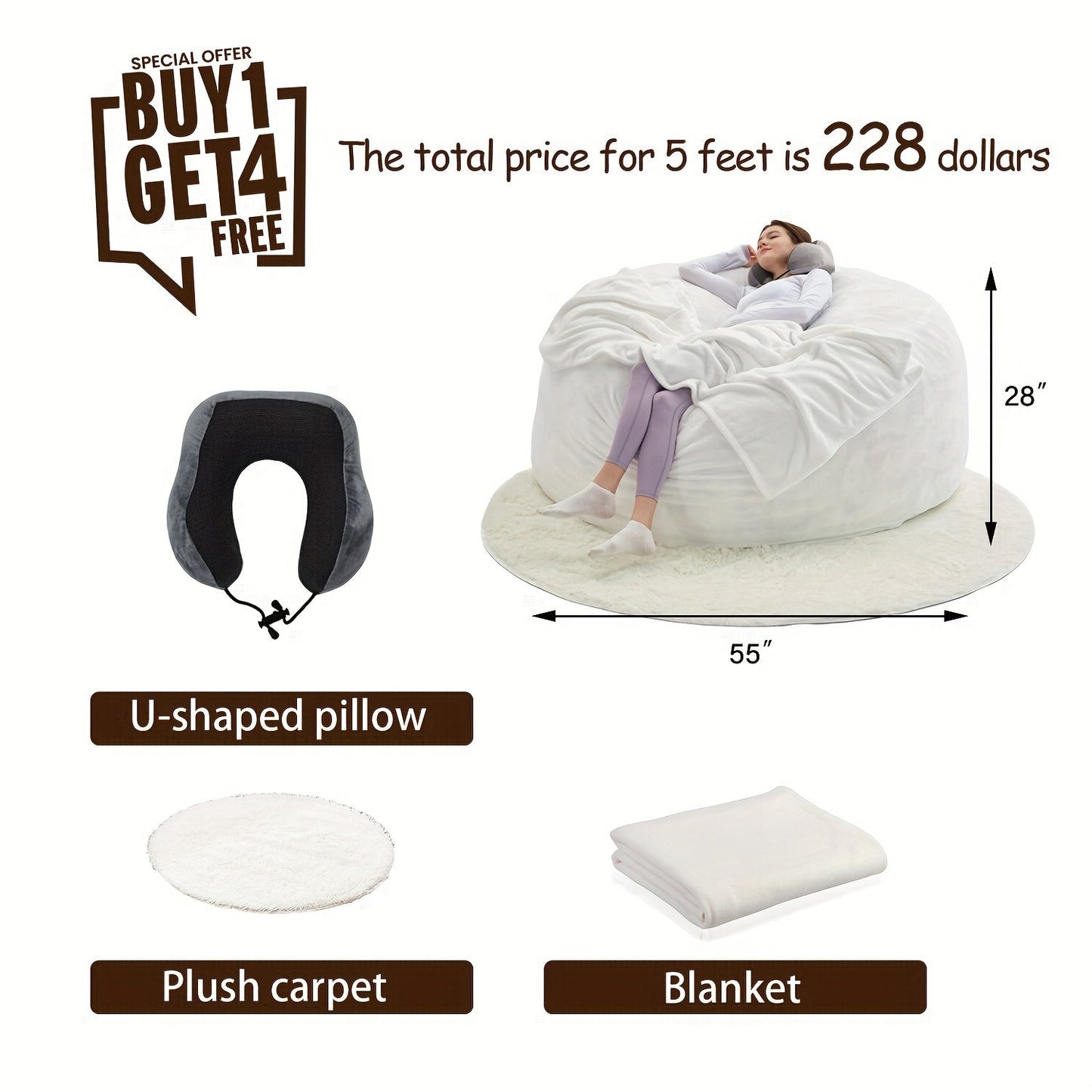 Bean Bag Chair(Give 3 Gifts:U-shape Pillow, Blanket Pillow, 6FT Carpet)Comfy Lazy Sofa Bed, Including 50 Pounds Of Filler, Large 6' Bean Bags With Memory Foam Filled, Large Beanbag Chairs Soft Sofa With Flannel Cover SS69 88.69 5FT / white (Give 3 Gifts)