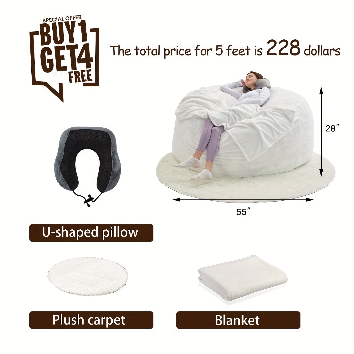 Bean Bag Chair(Give 3 Gifts:U-shape Pillow, Blanket Pillow, 6FT Carpet)Comfy Lazy Sofa Bed, Including 50 Pounds Of Filler, Large 6' Bean Bags With Memory Foam Filled, Large Beanbag Chairs Soft Sofa With Flannel Cover SS69 88.69 5FT / white (Give 3 Gifts)