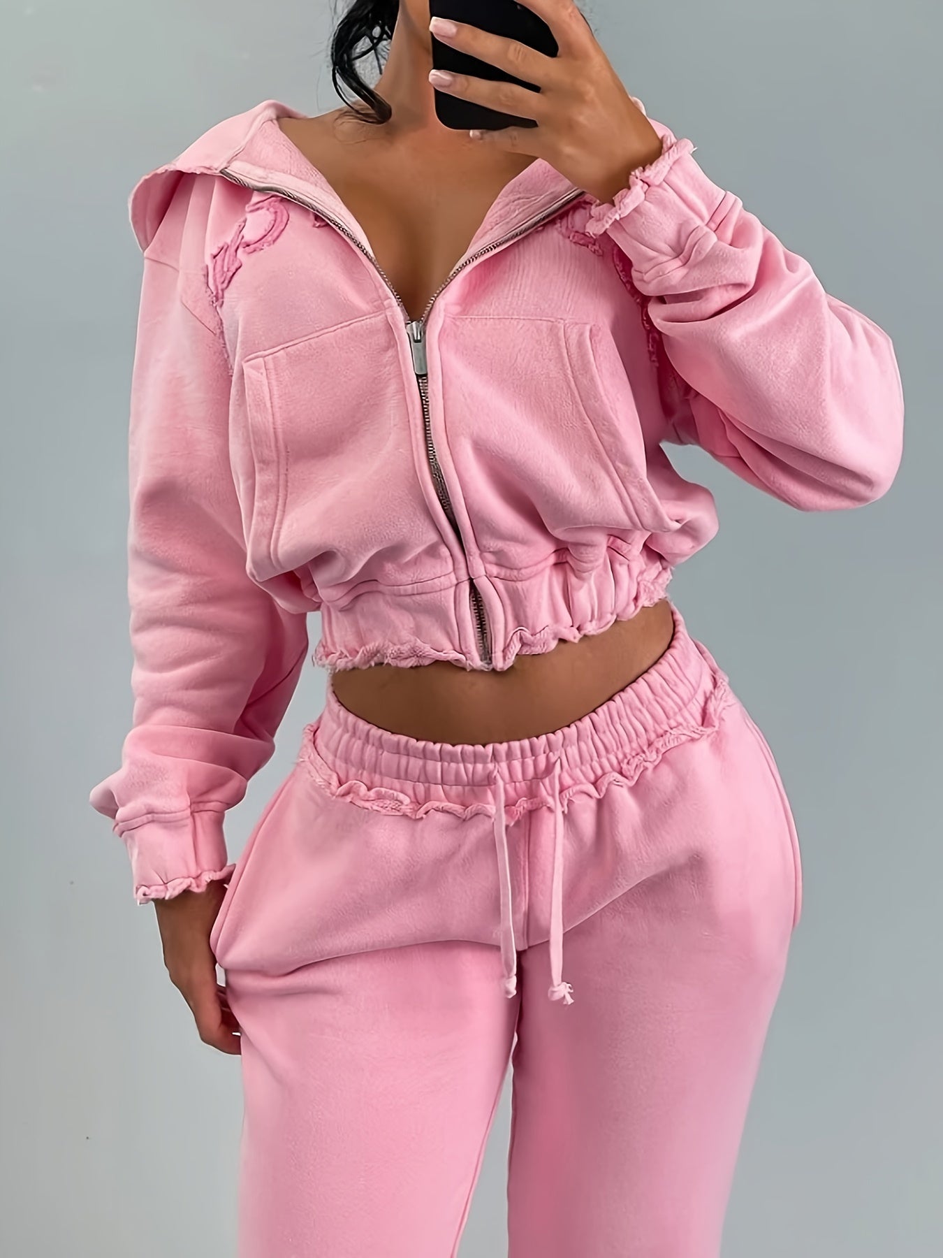 Chic Women's Athletic Set: Full-Zip Hoodie & Slim-Fit Pants - Comfortable, Adjustable, and Stylish with Letter Print Design - SS69