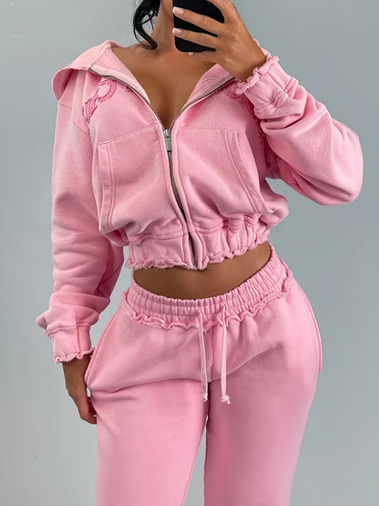 Chic Women's Athletic Set: Full-Zip Hoodie & Slim-Fit Pants - Comfortable, Adjustable, and Stylish with Letter Print Design - SS69
