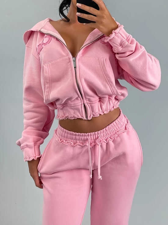 Chic Women's Athletic Set: Full-Zip Hoodie & Slim-Fit Pants - Comfortable, Adjustable, and Stylish with Letter Print Design - SS69
