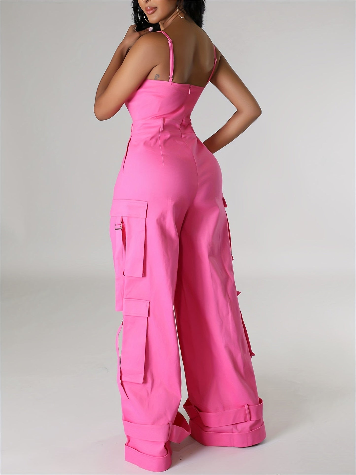 Women'S Y2K Wide-Leg Cargo Jumpsuit - Summer Utility Romper With Multi-Pockets And Spaghetti Straps | Casual Street Style Overalls For Outdoor Adventures/Urban Exploring (Adjustable Spaghetti Straps) SS69