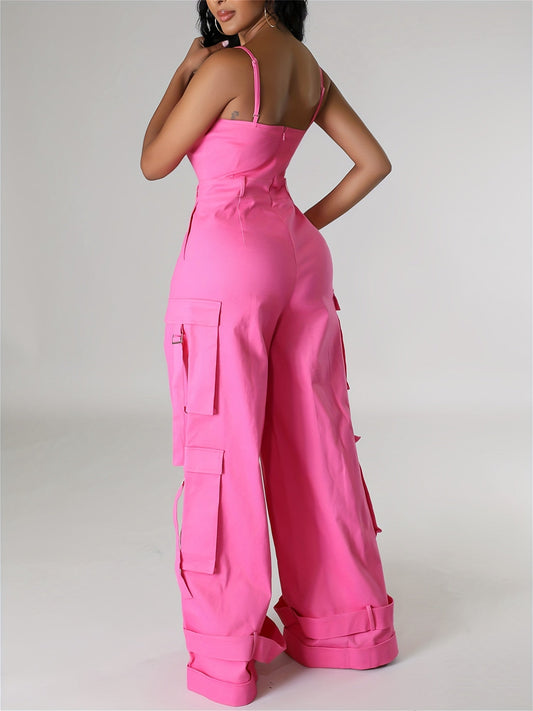 Women'S Y2K Wide-Leg Cargo Jumpsuit - Summer Utility Romper With Multi-Pockets And Spaghetti Straps | Casual Street Style Overalls For Outdoor Adventures/Urban Exploring (Adjustable Spaghetti Straps) SS69