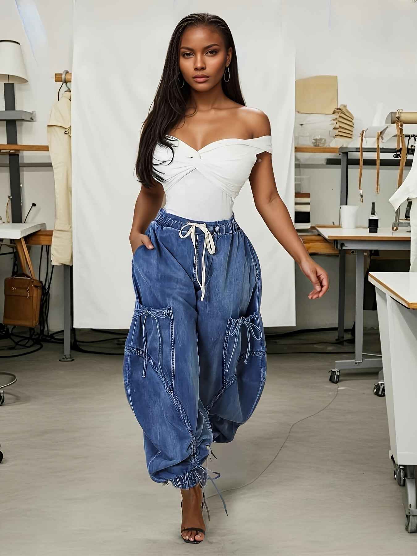 Womens Baggy Jeans Women'S Fashionable Drawstring Lace-up