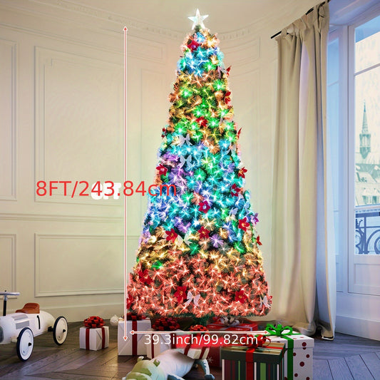 Pre-lit Christmas Tree, Fiber Optic Pre-lit Christmas Tree With Artificial Flowers And Bows, Multi-color Changing LED Lights, Starlight On Top, For Home Decoration, Holiday Party SS69 142.69 8FT