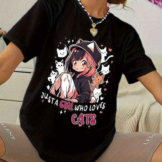 Anime Print T-shirt, Casual Short Sleeve Crew Neck Top For Spring & Summer, Women's Clothing SS69 11.69 Black / XXL