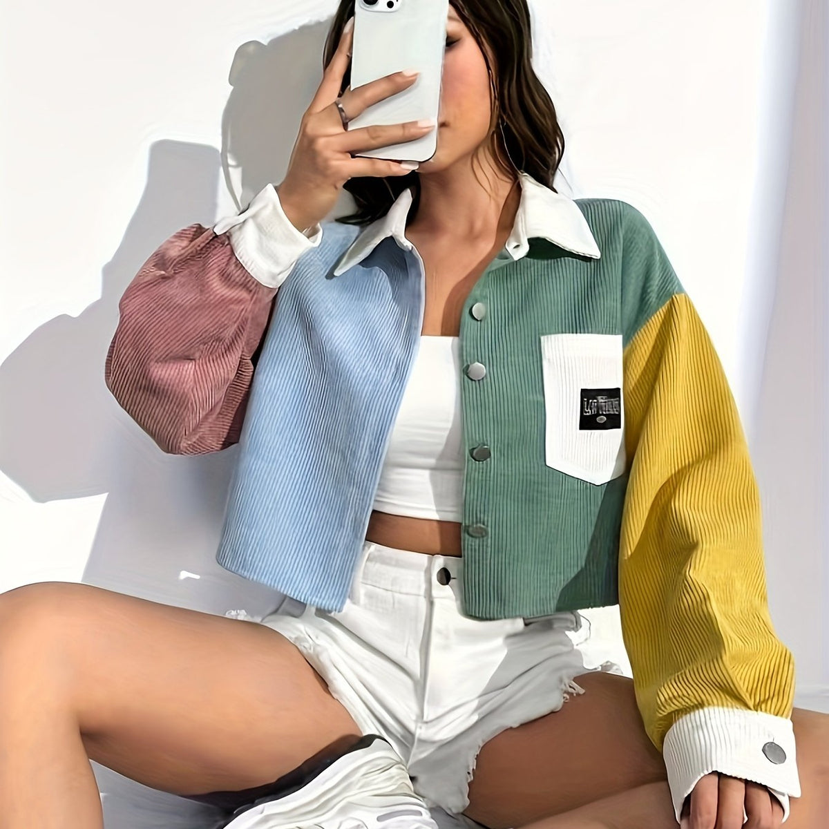 Off Shoulder Jacket - Color Block Letter Patch, Stylish for Casual Wear SS69