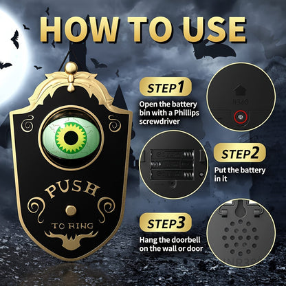 Sinister Haunted Doorbell - Luminous Ghostly Eye, Horror Sound Effects, and Animated Movement - Battery-Operated Halloween Decorative Hanging Prop for Universal, Oktoberfest, and Day of the Dead Celebrations (Requires 3 AAA B SS69