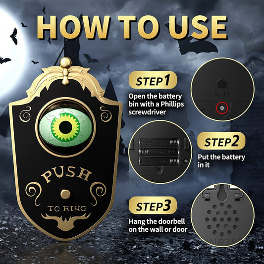 Sinister Haunted Doorbell - Luminous Ghostly Eye, Horror Sound Effects, and Animated Movement - Battery-Operated Halloween Decorative Hanging Prop for Universal, Oktoberfest, and Day of the Dead Celebrations (Requires 3 AAA B SS69
